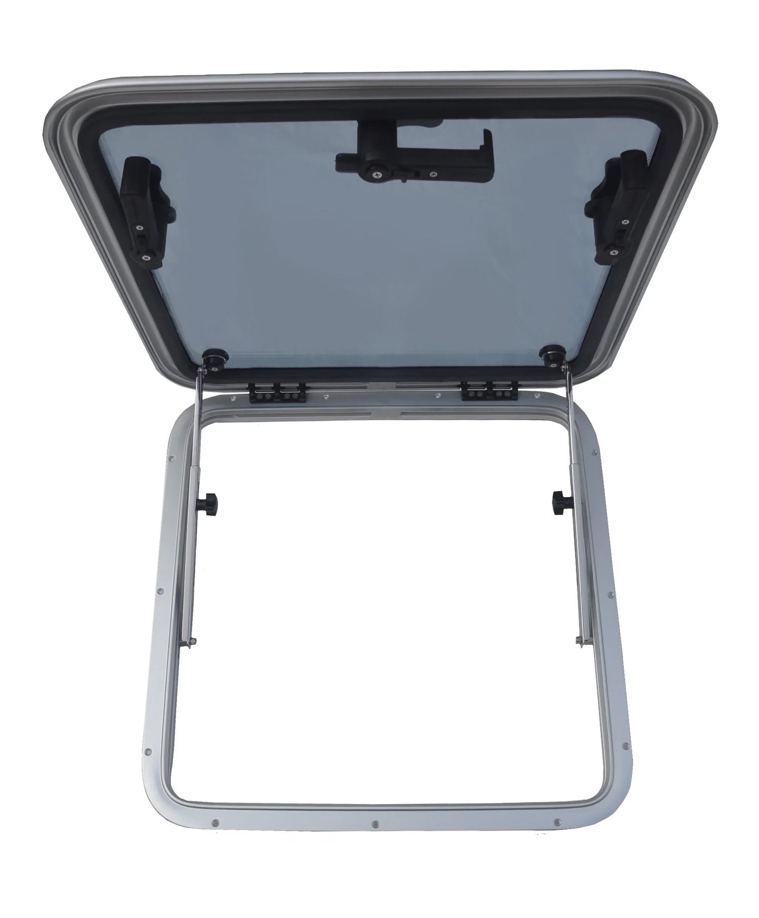 Anodized aluminum boat deck hatch with tinted glass and black latches, ideal for yachts and RVs