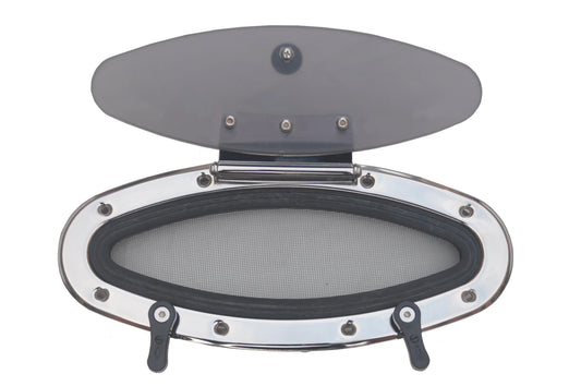 Oval marine deck hatch with chrome frame, mesh screen, and open lid for boat ventilation and access.