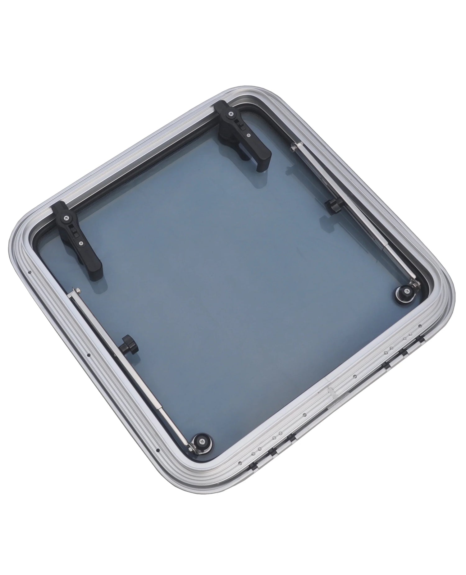 Anodized aluminum boat deck hatch with secure latches and sleek design for marine use