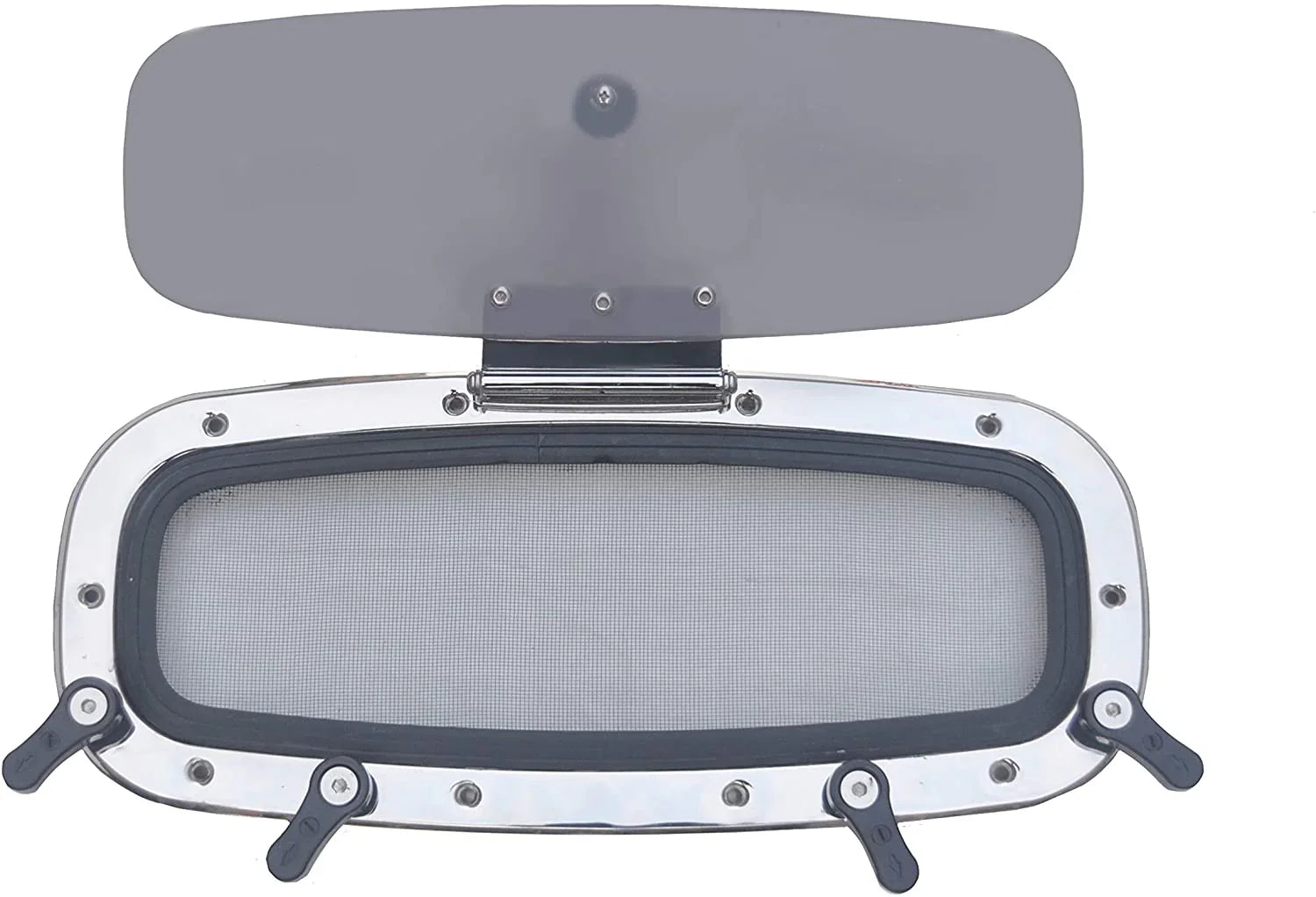 Stainless steel marine portlight with mesh screen and flip-open cover for boats and yachts
