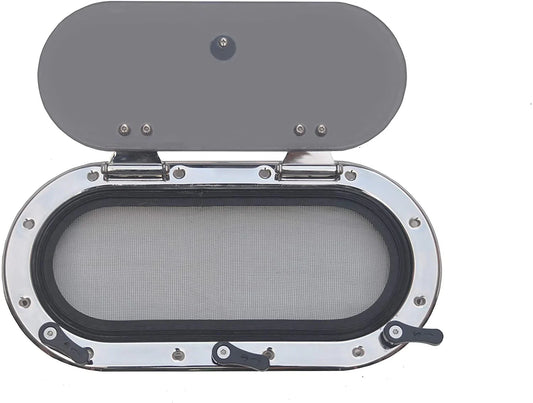 Stainless steel oval portlight with mesh screen and gray cover for boats and yachts