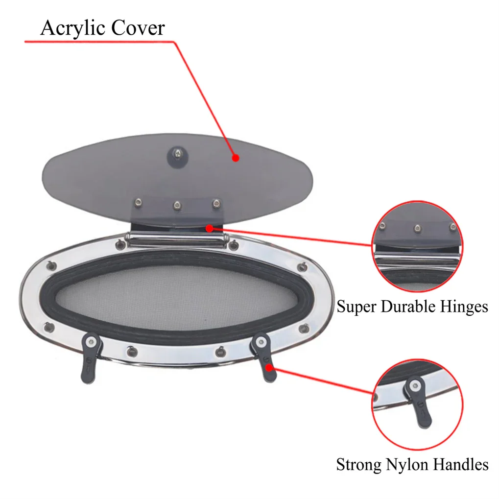 Oval marine deck hatch with acrylic cover, durable hinges, and nylon handles for boats and yachts