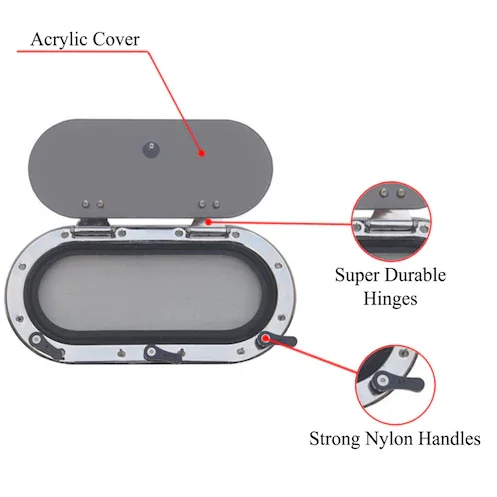 Anodized aluminum boat deck hatch with acrylic cover, durable hinges, and nylon handles for marine use