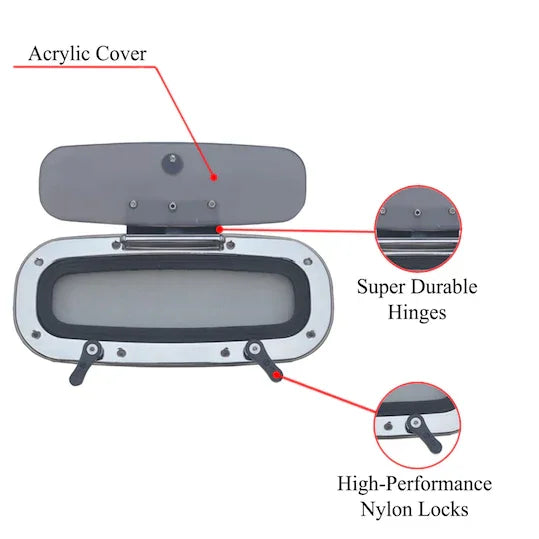 Anodized aluminum boat deck hatch with acrylic cover, durable hinges, and nylon locks for marine use