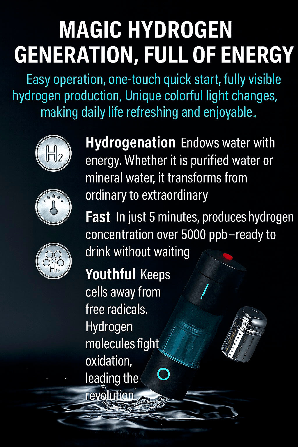 Hydrogen Water Bottle with 5000 ppb Hydrogen Generation, Hydrogen Tea Brewing Function, LED Indicator