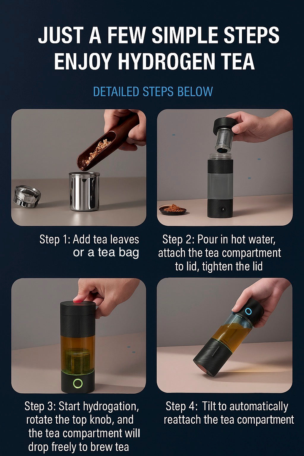 Hydrogen Water Bottle with 5000 ppb Hydrogen Generation, Hydrogen Tea Brewing Function, LED Indicator