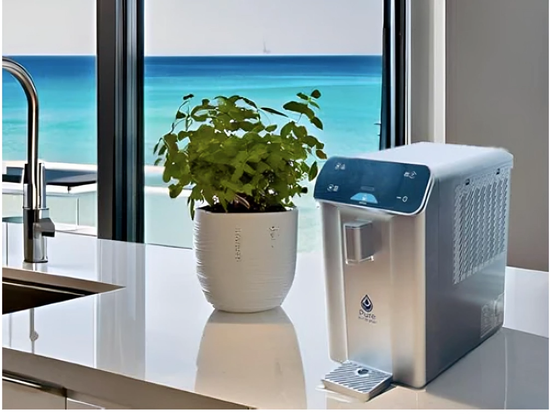 Pure AirWater atmospheric water generator on a kitchen counter with a plant and view of the ocean.