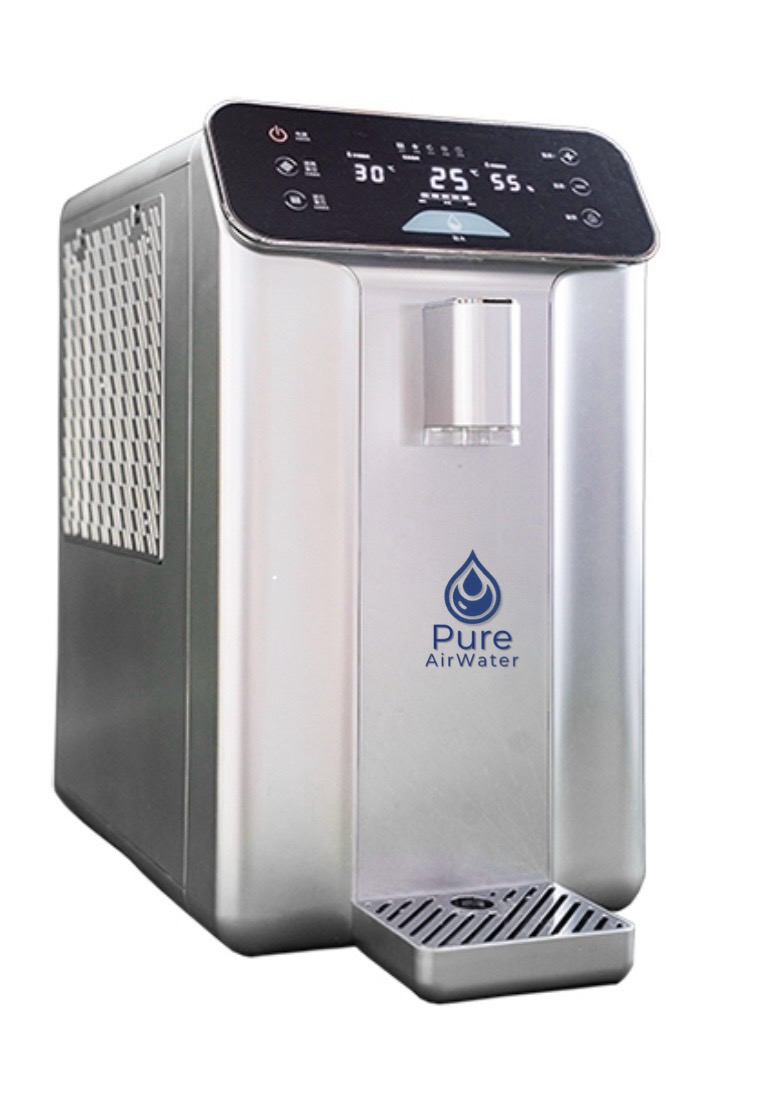 A silver atmospheric water generator with a digital display and a water dispensing nozzle at the front.