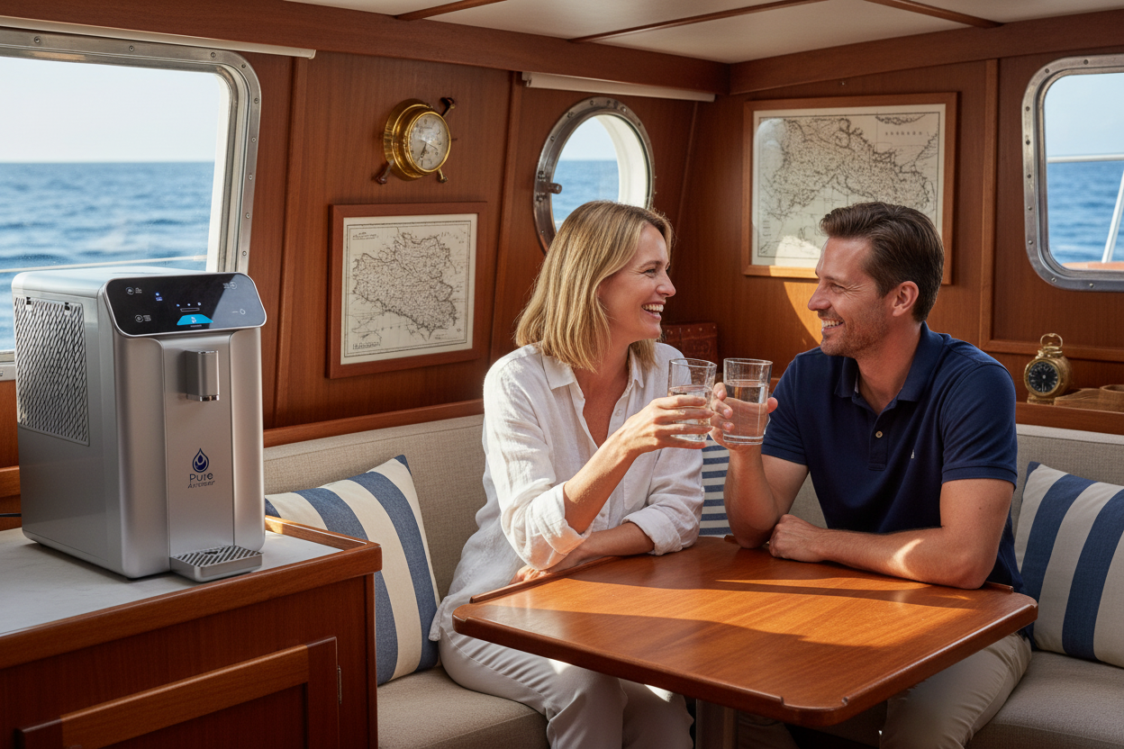 Couple enjoying drinking water on a boat with Pure AirWater atmospheric water generator on table  in the foreground.
