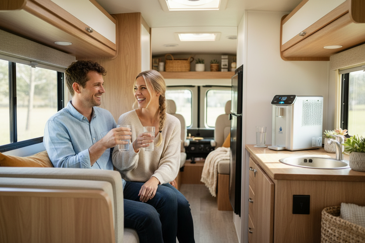 Couple inside a modern RV interior, enjoying pure water made from Pure AirWater atmospheric water generator.