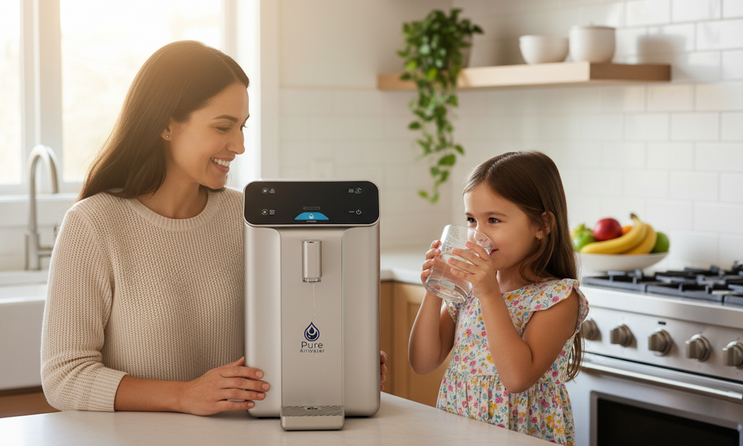 mom and daughter drinking pure water made from atmospheric water generator