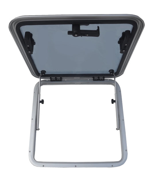 Anodized aluminum boat deck hatch with tinted glass and secure latches for marine use