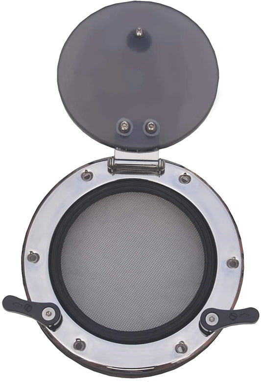 Stainless steel marine portlight with mesh screen and black latches for boat or yacht deck hatches